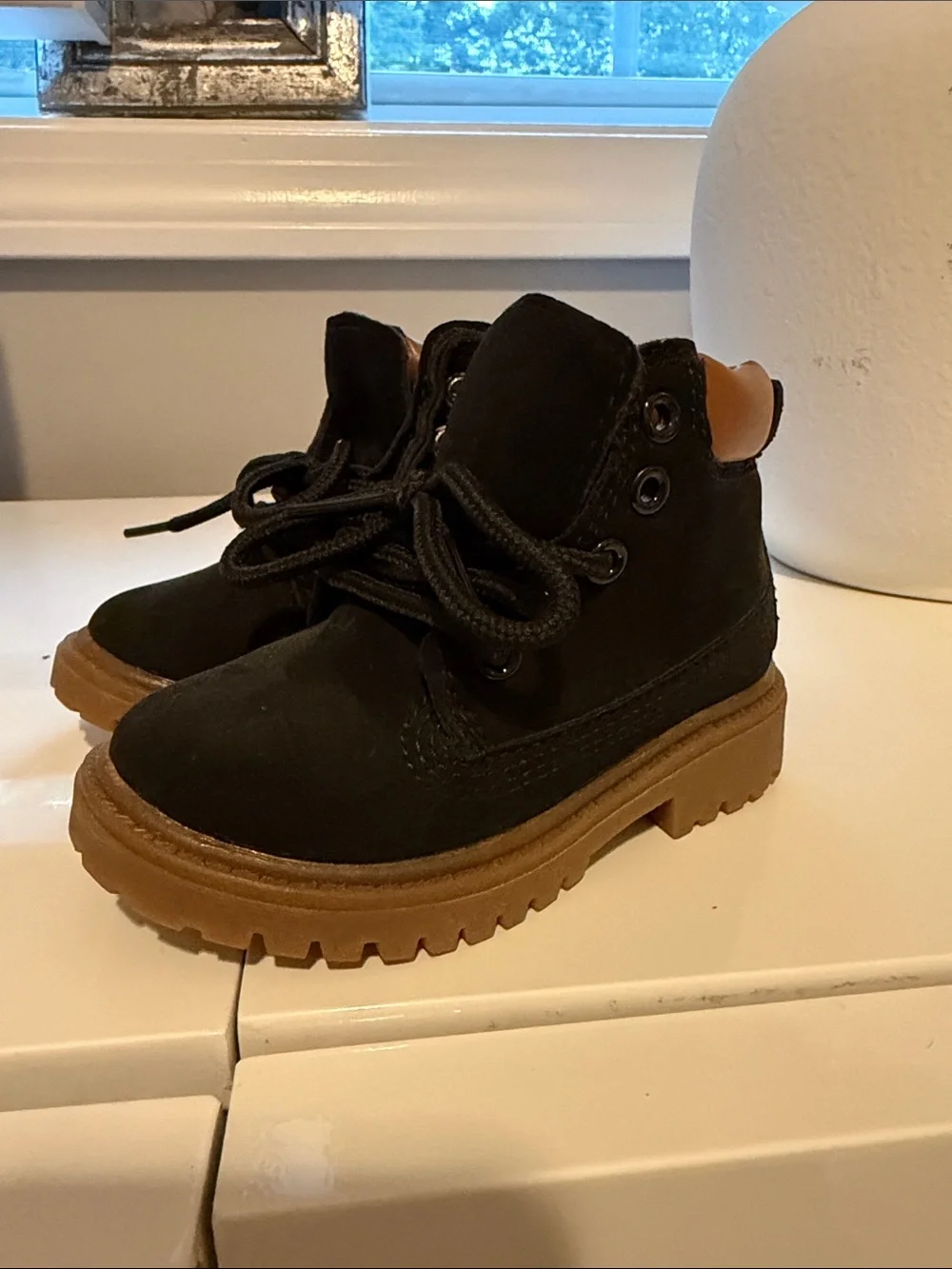 Kids Black Nubuck Lace-Up Boots with Brown Sole
